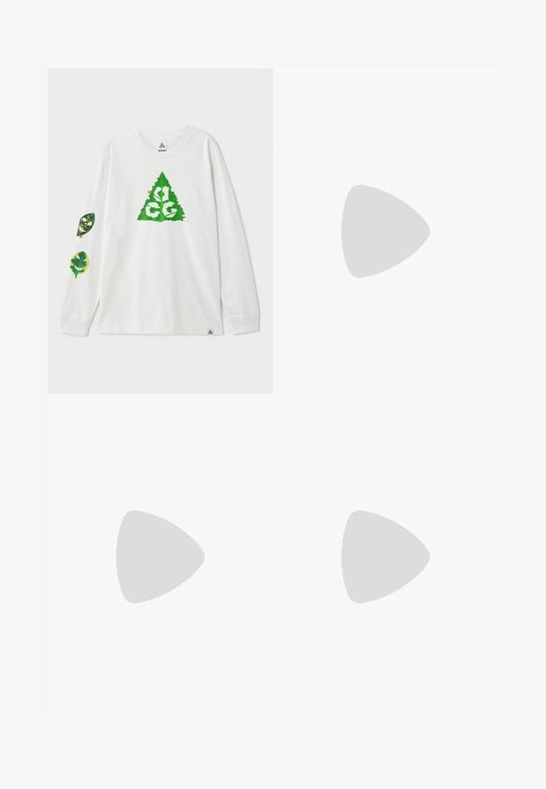 Weißes Langarm-T-Shirt mit grünen Blattmustern; ein dreieckiges Design auf der Vorderseite und zwei Blattgrafiken auf den Ärmeln.; Schwarze Jogginghosen mit elastischem Bund, zwei Seitentaschen und engen Bündchen. Mit einem kleinen weißen Logo auf der linken Seite.; Weiße Sportschuhe mit strukturierten Überzügen, einer dicken Sohle und grauen Akzenten. Tragen mit weißen Crew-Socken und grünen Shorts auf einer blauen Oberfläche.; Blautonige Wraparound-Sonnenbrillen mit sportlichem Design, die auf einem strukturierten schwarzen Etui mit metallischem Logoakzent ruhen.
