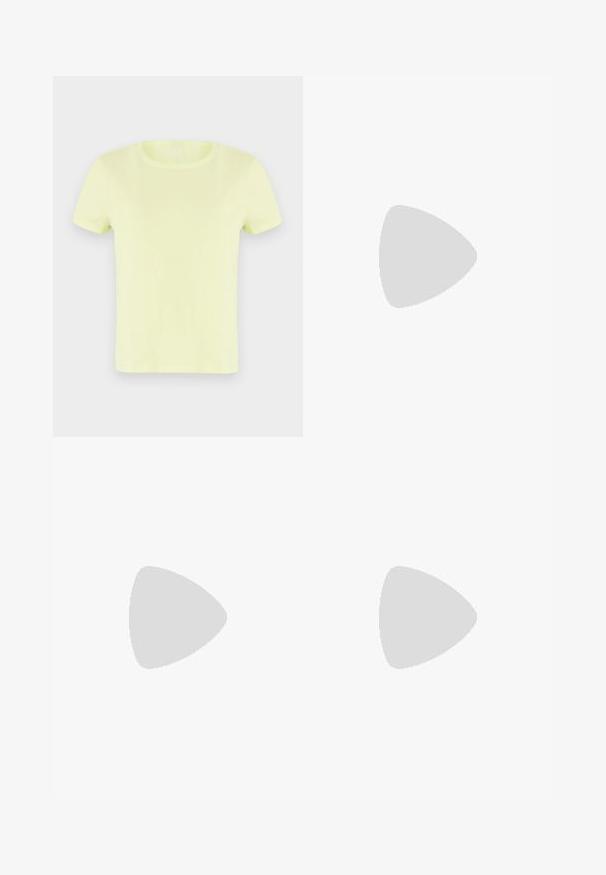 T-shirt amarelo néon de manga curta, feito de algodão. Apresenta um decote redondo clássico e uma textura suave e leve.; Saia de ganga azul-marinho com costura branca, apresentando um cinto largo com fivela quadrada e um painel lateral em tecido preto.; Bota preta de couro até ao joelho com um salto quadrado. Textura lisa, design ajustado, detalhe de costura mínima e bico arredondado.; Bolsa de ombro em pele preta com textura suave, forma curva, alça ajustável e fecho com zip. Design minimalista sem adornos.