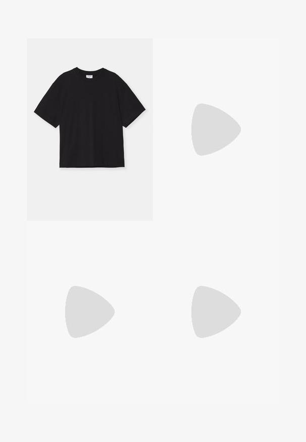 Black short-sleeved t-shirt made of cotton. It features a relaxed fit, round neckline, and no visible patterns or embellishments.; Light blue denim jeans with a straight leg design, high waist, five pockets, and a slightly faded texture. Metal button closure at the waist.; Black slide sandals with a smooth leather finish, featuring crisscross straps and cut-out details, and a flat, flexible sole.; Black leather tote bag with two long handles, a smooth texture, and a wide strap featuring a buckle detail at the top.
