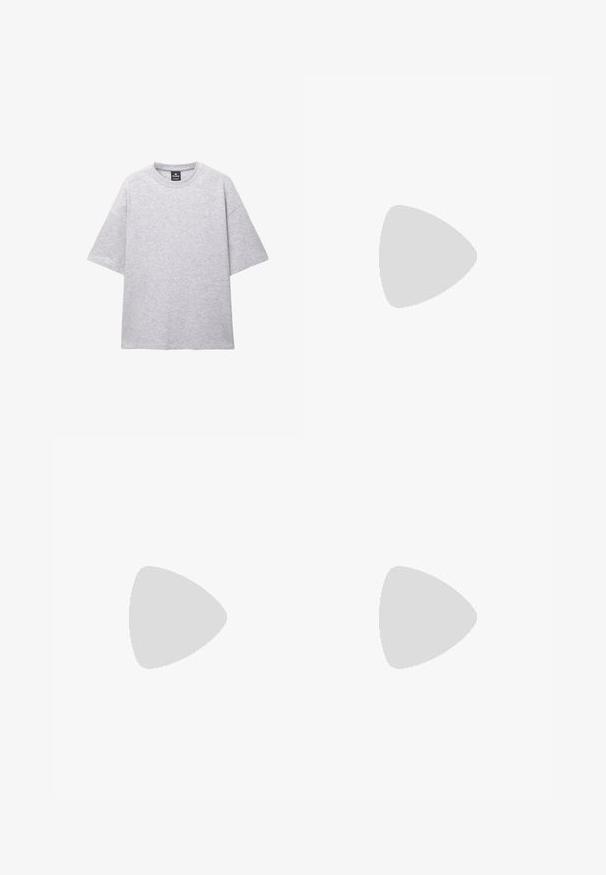 Szary krótki rękaw T-shirt wykonany z miękkiego materiału; ma okrągły dekolt i luźny fason z opuszczonymi ramionami. Brak wzorów lub akcentów.; Czarne bawełniane szorty z elastycznym paskiem w talii, kieszeniami po bokach i luźnym krojem, charakteryzujące się gładką teksturą i prostym dołem.; Różowe zamszowe sneakersy z szarymi akcentami, smukły design, teksturowana cholewka i czarna gumowa podeszwa. Zawiera logo Puma po boku.; Czarno-białe bandany z wzorem paisley, wykonane z lekkiego materiału, z węzłami na końcach do regulacji stylizacji.