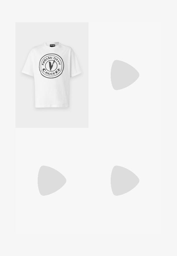 Versace Jeans Couture Print T-shirt - white; White shorts made of fabric featuring colorful ocean-themed graphics, including seahorses, shells, and starfish, with a drawstring waist.; Chunky sneakers with a white and silver design. Features mesh panels, black accents, and white laces. Textured sole with a raised pattern.; White sunglasses with angular frames, black lenses, and gold medallion accents on the temples. Made of plastic with a smooth texture.