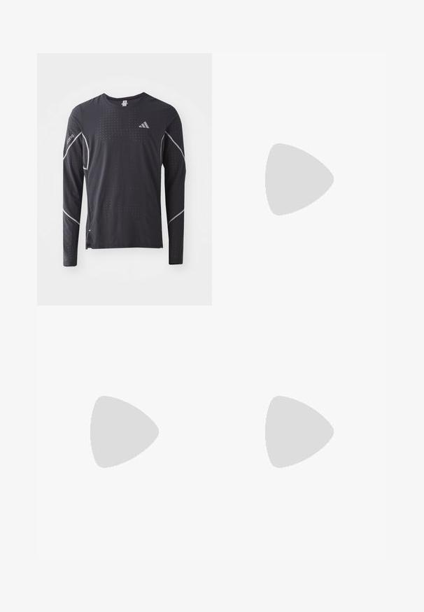 adidas Performance TEE  - Long sleeved top - black; Light gray athletic shorts made of breathable fabric, featuring a textured design, elastic waistband, and black logo accent on the side.; Pink HOKA running shoe features a breathable mesh upper, light blue midsole, yellow outsole, and prominent logo on the side.; Sport sunglasses with a white frame, black accents, and a large visor in gradient shades of purple to orange. Features a sleek, aerodynamic design.