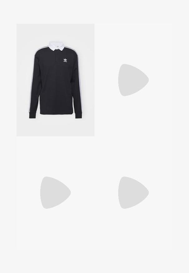Polo-shirt noir à manches longues avec col blanc et trois rayures blanches le long des manches ; comporte un logo Adidas brodé sur la poitrine.; Shorts de bain rayés verts et blancs avec une taille élastique et un cordon de serrage. Le tissu semble léger avec une texture lisse.; La chaussure de course présente une tige en mesh argentée et blanche avec un accent vert. La semelle est épaisse et texturée, conçue pour l'amortissement et le soutien.; Lunettes de soleil noires avec des verres teintés marron ; forme rectangulaire avec une monture épaisse, incluant des détails discrets en métal sur les branches.