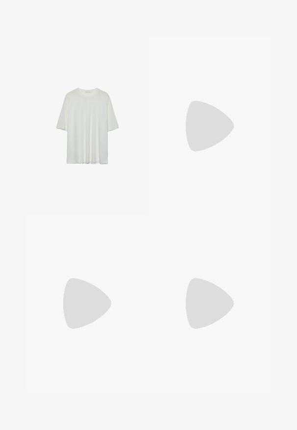 T-shirt blanc à manches courtes, col rond, en tissu doux en mélange de coton, coupe décontractée, ourlet sans couture, design minimaliste sans ornements.; Shorts beiges ajustés avec des plis, une fermeture à bouton sur le devant et des poches latérales. Fabriqués à partir d'un tissu lisse avec une finition soignée et un détail de marque subtil.; Bottines en cuir verni noir avec un bout pointu et un talon block de hauteur moyenne. Texture lisse et design minimaliste.; Des lunettes de soleil en forme de chat noir avec des verres foncés, des montures épaisses et des accents subtils. Portées avec un manteau noir et un haut gris, avec des cheveux longs et raides.