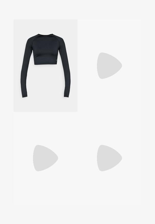 Haut court à manches longues noir en tissu lisse et extensible. Présente un col rond et une coupe ajustée, avec des détails subtils à l'ourlet.; Shorts de sport rouges en tissu léger, avec une taille élastique, des accents noirs sur les côtés et un petit logo en bas à gauche.; Chaussure de sport noire avec une tige en maille, trois rayures grises, une semelle épaisse blanche et des détails texturés. Présente une languette au talon.; Lunettes de soleil noires surdimensionnées avec une monture en plastique robuste, un design enveloppant et des verres foncés, dotées d'un pont nasal et de légents accents latéraux.