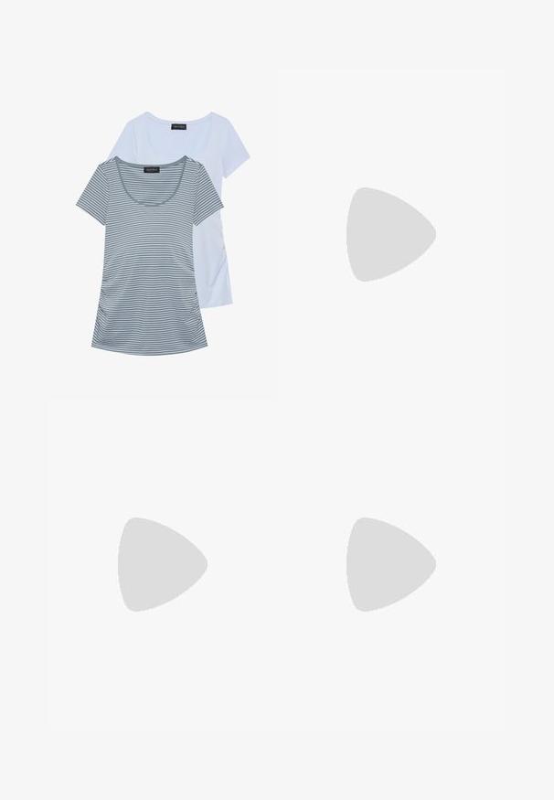 Two t-shirts: one solid light blue, the other gray with horizontal stripes. Both feature a scoop neckline and short sleeves.; Olive green, high-waisted ribbed knit pants, flared from the knee with a soft texture and an elastic waistband for comfort.; White sneaker made of smooth synthetic material, featuring a rounded toe, lace-up design, flat sole, and subtle perforated detailing.; Brown suede tote bag with a soft texture, featuring a single shoulder strap and a subtle curved top opening. No visible hardware details.