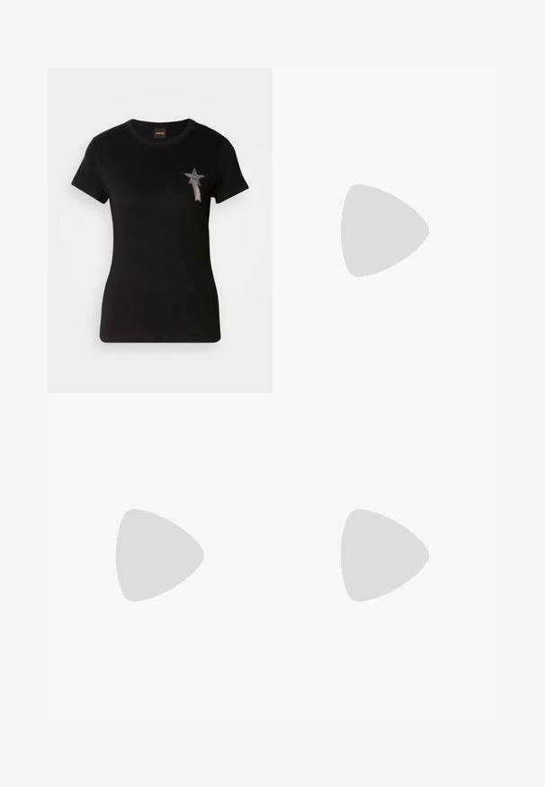 T-shirt nero a maniche corte in cotone, con un design di stella argentata con strass sul lato sinistro del petto e scollatura rotonda.; Pantaloni di lino neri con vita elasticizzata, cordoncino, due tasche laterali e orli arrotolati per una vestibilità comoda. Texture liscia, design casual.; Sneaker bianco e beige con tomaia liscia e accenti in suede, suola textured e cuciture tono su tono. Chiusura a lacci con dettaglio del logo.; Orecchini in metallo argento caratterizzati da forme arrotondate, con una finitura lucida e delicate incisioni del marchio "BOSS" nelle sezioni inferiori.