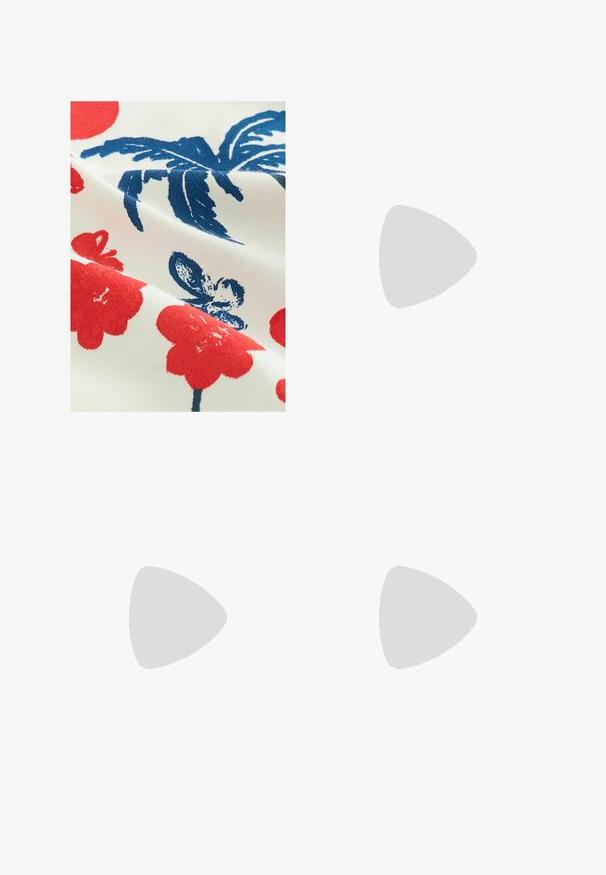 Tissu en coton avec un fond blanc présentant des motifs floraux rouges et des designs de feuilles bleues, mettant en valeur une finition imprimée texturée.; Jupe longue en tissu lisse avec un motif de tache de vache brun et blanc, au design fluide et à l'ourlet légèrement évasé.; Chaussure de bateau en cuir marron avec des coutures de style mocassin, des œillets en métal et une semelle en caoutchouc noir texturé.; Sac à épaule en toile navy avec une forme douce et structurée, doté d'une sangle noire, de détails cousus et d'une petite étiquette de marque.