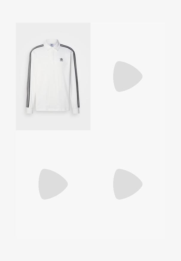 White long-sleeved polo shirt featuring a classic collar, black three-stripe accents down the sleeves, and a small black logo on the chest.; Blue, straight-leg pants made of smooth fabric with a button closure and zip fly. Features side pockets and clean, tailored design.; Black leather loafer with a tasseled accent, featuring a chunky black sole and yellow stitching along the edge. Textured finish.; Three-layered silver metal necklace featuring sleek, flexible chains with a slight sheen, secured with a lobster clasp and adjustable chain.
