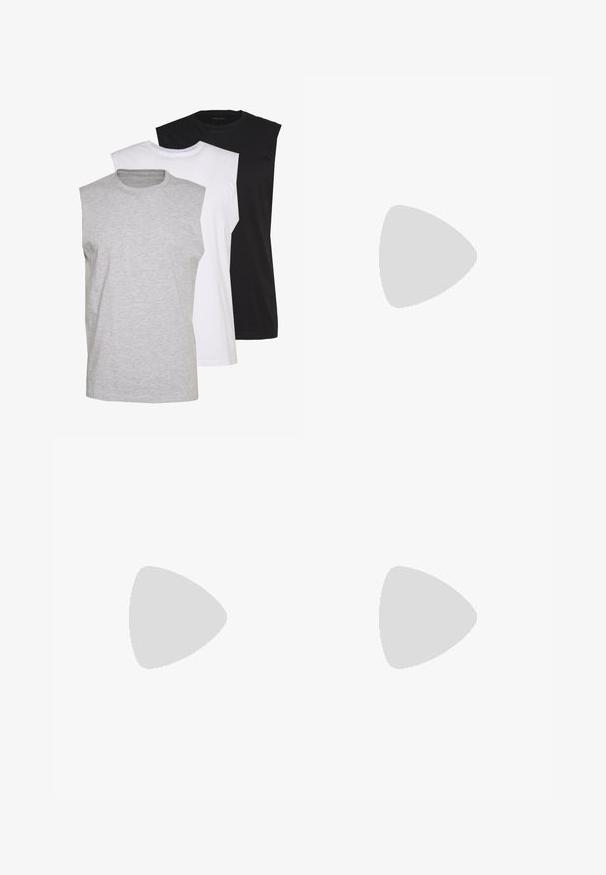 Three sleeveless t-shirts in gray, white, and black. Soft cotton material with a crew neck and relaxed fit. Simple design, no patterns.; Navy corduroy shirt with long sleeves, two front pockets, and a button closure. Features a classic collar and textured fabric.; Gray denim trousers with a straight-leg cut, featuring a button closure, front pockets, and subtle stitching details. No patterns or distressing.; Green and white sneakers with a leather upper, perforated toe box, prominent logo, and rubber sole. Features contrasting green accents.