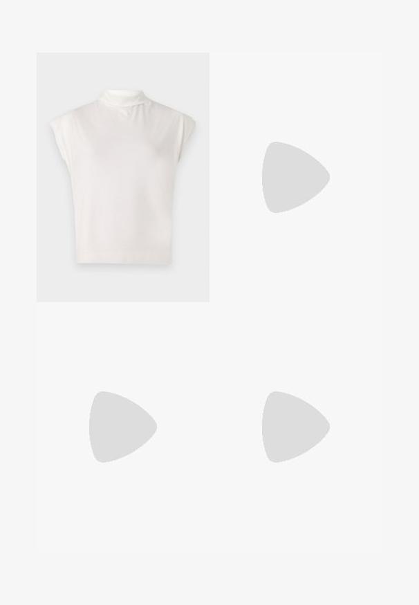 White sleeveless turtleneck top made of soft fabric, featuring a structured design with a smooth texture and subtle ribbed hem detail.; Wool blend, herringbone-patterned, light gray trousers with a straight fit, featuring a waistband and belt loops, no visible pockets.; Black leather pointed-toe pump with a slim heel, smooth texture, and no visible embellishments. Clean design with a minimalist aesthetic.; White leather handbag with a curved shape, featuring an embossed "CK" logo on the front and a single shoulder strap. Zipper closure at top.