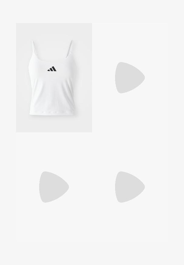 White tank top with thin straps, featuring a black adidas logo on the front. Fabric has a smooth texture and a fitted silhouette.; Green active skirt with a wide ribbed waistband; smooth texture; flared design; knee-length; no visible patterns or hardware.; White athletic shoe with black diagonal stripes, mesh upper, rounded toe, and textured sole. Accents include a silver heel and minimalistic design.; Black leather tote bag with a smooth finish, featuring a raised logo in the center and two sturdy handles for easy carrying.
