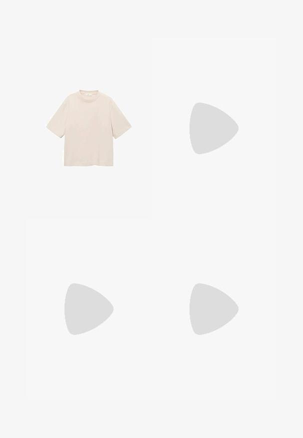 Tricou cu mânecă scurtă, guler rotund, din bumbac bej deschis. Design simplu, cu o croială lejeră și fără modele sau accente vizibile.; Fustă maxi din satin negru cu o textură netedă, talie înaltă și poale evazate. Prezintă un design simplu, fără modele sau accesorii vizibile.; Pantof pentru sport din suede maro, cu dungi albe, vârf rotund, design cu șireturi și talpă din cauciuc natural. Suprafață texturată cu detalii de cusătură.; Geantă de umăr din piele maro cu o textură netedă, design cu vârf deschis și două curele pentru umăr. Prezintă cusături minime și fără componente metalice vizibile.