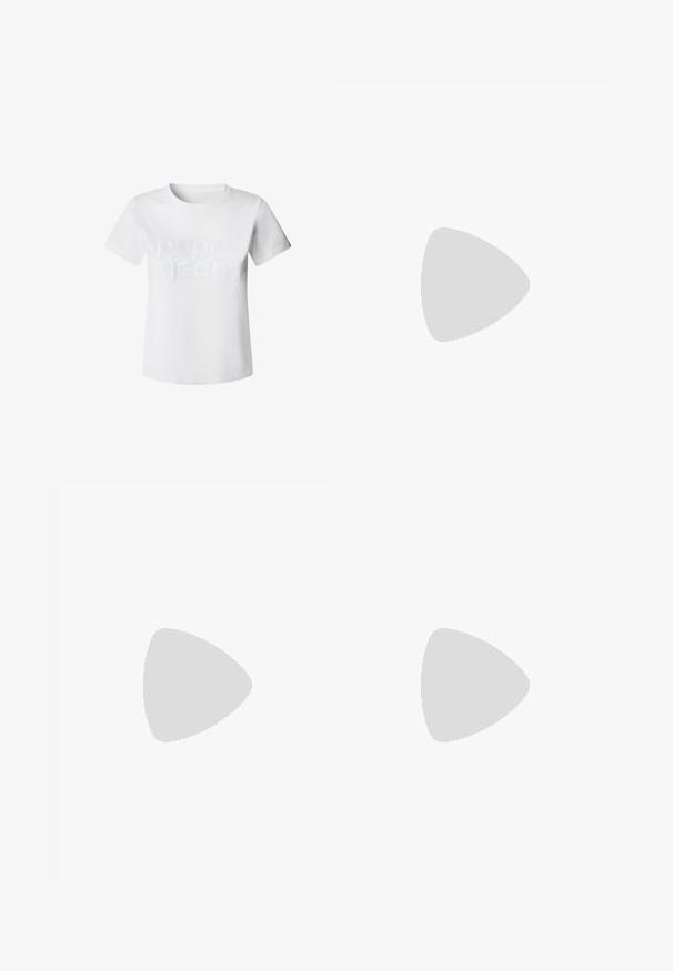 Valkoinen puuvillainen t-paita lyhyillä hihoilla ja pyöreällä kaula-aukolla. Etuosassa on tekstuurinen "pepe jeans" -logo rohkealla fontilla.; Vaaleansiniset leveälahkeiset housut, joissa on kootut vyötärö, valmistettu teksturoidusta kankaasta, suoran leikkauksen ja kokopitkän muotoilun omaavat.; Sinitä puuvillaiset laajakorkeat farkut, jotka on yhdistetty sinivalkoisiin tossuihin, joissa on tekstuuripinta ja nauhat, neutraalin taustan päällä.; Mustapahkainen kangaskassi, jossa on sileä pinta, suorakaiteen muotoinen ja kaksi pitkää kahvaa. Ei näkyvää metalliosaa tai koristeita.