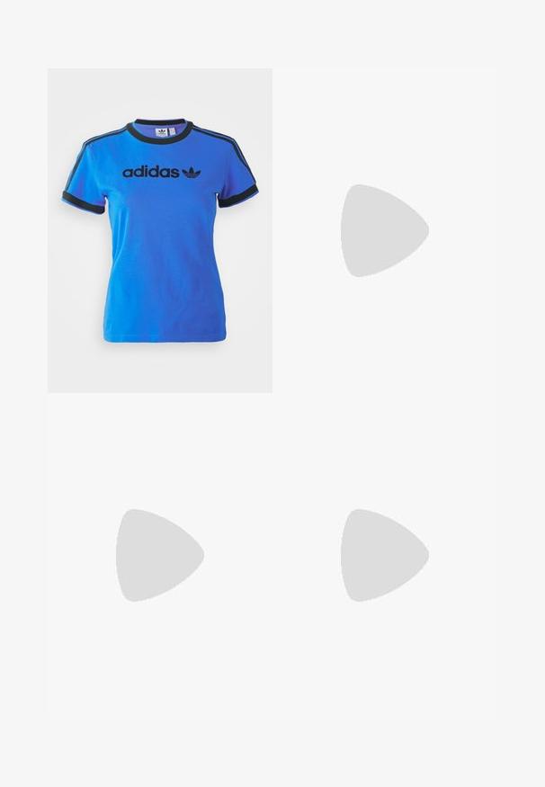 Blue Adidas T-shirt with black accents, featuring a round neckline, short sleeves, and the logo printed across the chest.; High-waisted straight-leg blue denim jeans with front pockets, belt loops, and button closure.; White leather sneakers with red stripes and accents. Features a textured gum rubber outsole and padded collar. Worn with light blue denim.; Aviator sunglasses featuring a gradient blue lens, silver metal frame, and decorative star accents on the lens. Smooth and sleek design.