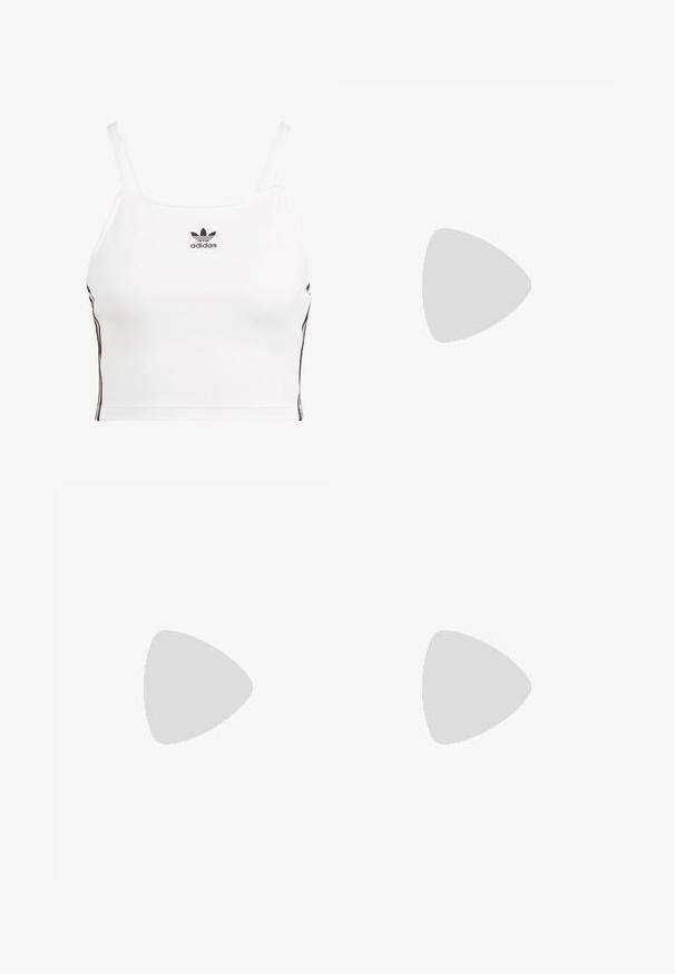 Balta trumpa tankų palaidinė su plonomis petnešėlėmis, juodas Adidas logotipas krūtinėje ir juodos šoninės juostelės. Pagaminta iš tamprių, lygaus audinio.; Juodos dviratininkų šortai iš tamprios medžiagos, su aukštu liemeniu ir išsiuvinėta logo apatiniame šone. Lygus paviršius, aptemptas dizainas.; Baltos odinės sportbačiai su juodomis juostelėmis, kreminiu padu ir šviesiomis raištelėmis. Dėvimi su baltais raukšlėtais kojinėmis, pastatyti ant mėlyno fono.; Juodos didelės saulės akiniai su tamsiais objektyvais, blizgus plastikinis rėmelis, suapvalintos kvadratinės formos, ir auksinis tarpusavyje susipynęs GG logotipas šone.