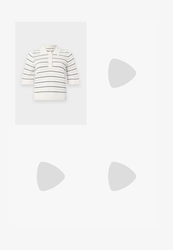 Polo cu mânecă scurtă în crem cu dungi negre. Are un guler cu nasturi, textură tricotată și un design cu decupaje pentru ventilație.; Blugi din denim gri deschis, cu un design drept pe picioare, talie standard, un buzunar frontal cu un buton ascuns și detalii minime de cusătură.; Sandale negre cu un finisaj din piele netedă, având curele încrucișate și detalii decupate, cu o talpă plată și flexibilă.; Portofel din piele neagră cu o formă rectangulară subțire, având un logo auriu. Include o curea detașabilă pentru un plus de confort la purtare.
