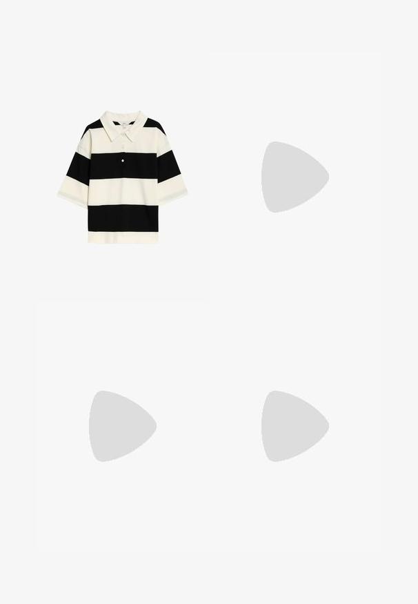 Sort-hvid stribet polo-shirt med klassisk krave, tre knapper og korte ærmer. Blødt stof med en glat tekstur.; Sorte brede sweatpants lavet af blødt stof, med en justerbar talje og et lille logo-patch på den øverste venstre side.; Lyserøde ruskindsneakers med grønne striber, hvide accenter og en brun gummisål. Har tekstureret stof og logodetaljer på siden.; Sort læderhandbag med et struktureret design, top-håndtag og en aftagelig skulderrem. Har guldhardware og et logo charm.