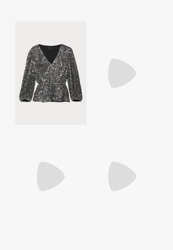 Svart paljettbluse med v-hals, puffede ærmer og rynket talje. Teksturen er glitrende og mønsteret er dekoreret med paljetter.; Vide beina bukser i svart og kremfarget zebra stripe mønster. Laget av teksturert stoff med klassisk midje og frontlommer.; Svarte skinn slingback-sko med spiss tå og gullmetallhette. Har utskjæringsdesign og en slank hæl med justerbar stropp.; Maje MISS MINI - Skulderveske - noir