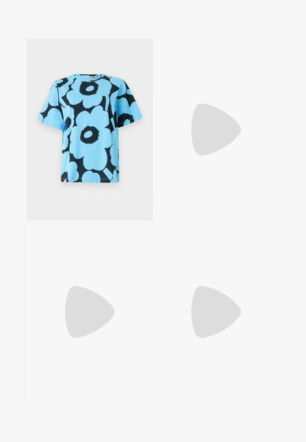 Blue cotton t-shirt featuring a bold black floral pattern. Short sleeves and round neckline with a relaxed fit. Durable fabric.; Black satin skirt featuring a draped design, elastic waistband, and a decorative accent. Smooth texture with subtle sheen.; Beige leather ballet flats with a low-profile design, round toe, and black rubber sole, featuring a small rear loop for easier wear.; White leather handbag with a curved shape, featuring an embossed "CK" logo on the front and a single shoulder strap. Zipper closure at top.
