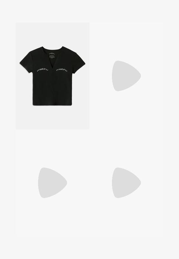 Black short-sleeve V-neck crop top with white "misbhv" text printed twice above the chest area.; Gray knit cycling shorts with a fitted design and a smooth texture, featuring a high waistband and a mid-thigh length.; Black pointed-toe high heel shoe with a crocodile-skin texture, featuring a sleek design, high stiletto heel, and smooth black interior.; Black handbag with a textured design, adorned with silver studs and a chunky silver chain strap. Features a sleek, minimalist shape.