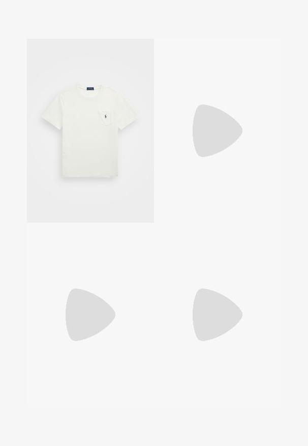 White cotton t-shirt with short sleeves, crew neck, and a chest pocket. Features a navy logo on the pocket. Smooth texture, classic fit.; Beige shorts made of cotton with an elastic waistband, drawstring closure, side pockets, and stitched hem details.; Beige suede espadrille with a jute rope sole, featuring a textured finish and a small embroidered logo on the heel.; Silver metal sunglasses with blue tinted lenses, round shape, slim arms, and adjustable nose pads. Brand name "POLO" on the frame.