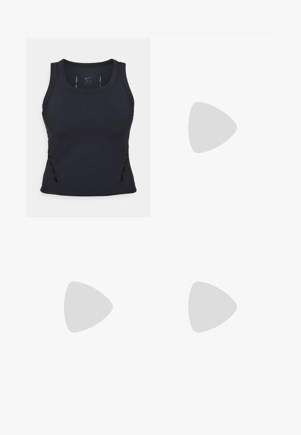 Black athletic tank top made of stretchy fabric. Features a round neckline, racerback design, and cut-out accents on the sides.; Black athletic shorts with an elastic waistband, curved hems, and a prominent white Nike logo on the left side. Smooth, lightweight fabric.; Light gray running shoe with a textured mesh upper, thick cushioned sole, and reinforced heel. Features flat laces and a subtle logo.; Black nylon tote bag with two sturdy handles and zip closure. Features a prominent white Nike swoosh logo in a horizontal striped design.