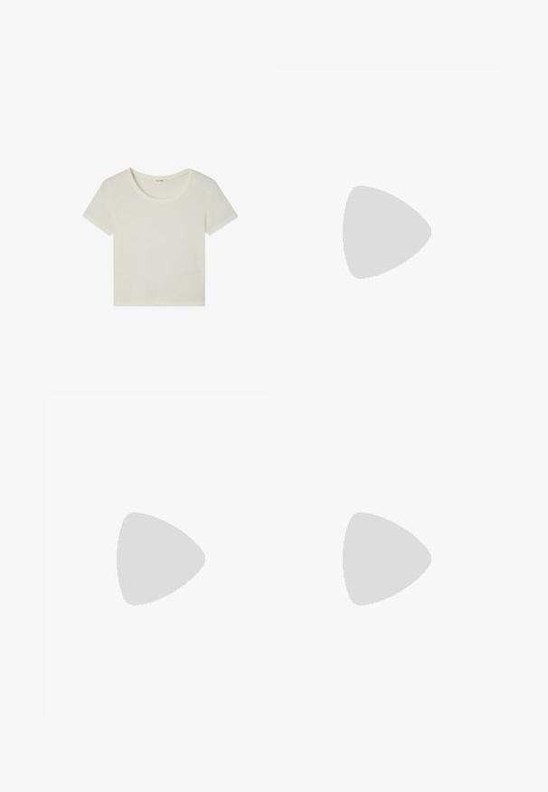 Cotton blend cropped t-shirt in off-white, featuring a round neckline and short sleeves with a soft, smooth texture.; Beige denim jeans with a straight fit, five-pocket design, metal hardware, and stitched seams, featuring a clean, minimalistic look.; Beige suede slip-on loafers with a closed toe, featuring a decorative buckle detail and a flat cork sole. Smooth texture with minimal design.; Tortoiseshell eyeglasses with oval lenses and a sleek, smooth finish. Features thin sides with a subtle curve at the temples. Clear lenses.