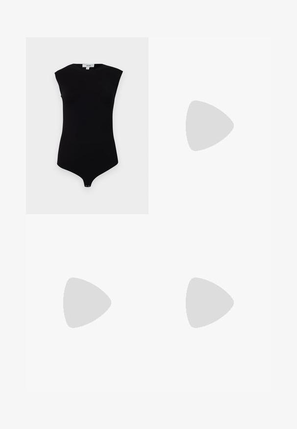Black sleeveless bodysuit with a high neckline, soft fabric, and snap closure at the bottom. Smooth texture and fitted design.; Light blue wide-leg jeans made of denim, featuring a unique crossover waistband and five-pocket design. Smooth texture and straight cuts.; Stuart Weitzman POWER 75 - High heels - black; The Kooples SAC - Handbag - black