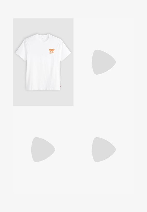 Hvid bomulds t-shirt med korte ærmer og rund halsudskæring. Har et orange Levi's California-logo på venstre brystområde.; Sorte og hvide ternede badetøj med elastisk talje, snor og sidelommer, der har et glat, let stof.; Rød ruskinds sneakers med hvidt tre-stribedesign og guld "Gazelle" tekst. Har en gummisål og en tekstureret hæl.; Gul metalrammede solbriller med grønne linser, rund form, tynde stænger og hvide plastdetaljer på spidserne af armene.