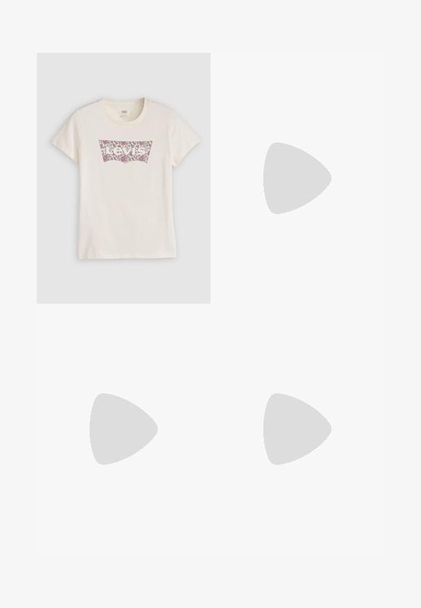 Kremfarget bomull t-skjorte med et blomstermønster av Levi's-logoen i rosa og mørkerød innenfor en klassisk logo-patch-form. Korte ermer.; Lyseblå bomullsshorts med elastisk midje og snor, med en avslappet passform og sidesplitter for enkel bevegelse.; Hvit høy-skinn kanvas sneakers med svart gummisåle, gummitåhette foran og seks hull for snorer, med et rent, minimalistisk design.; Rød lærveske med en strukturert design, som har et topphåndtak og en frontsløyfe. Glatt tekstur med sydde kanter.