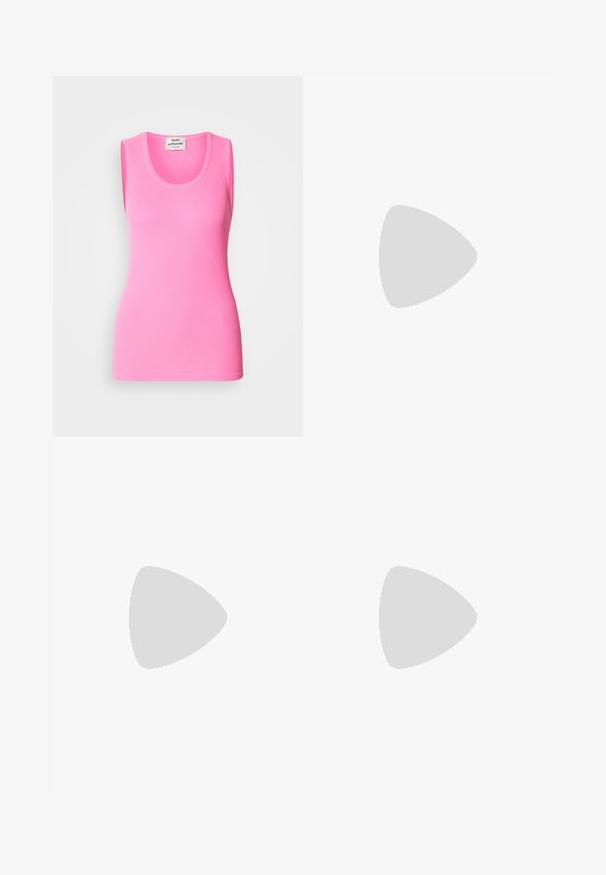 Pink sleeveless tank top in ribbed fabric, featuring a round neckline and a fitted design. Label at the neck with brand name visible.; Black athletic pants with a smooth texture, high waistband, and tapered leg design. Features no visible hardware or patterns.; Black leather slingback pump with a pointed toe, low heel, and a smooth texture. Features a thin adjustable strap for a secure fit.; Black sunglasses with angular frames worn by a man and woman. The man has a blue and white striped shirt under a dark jacket; the woman wears a dark, patterned top.