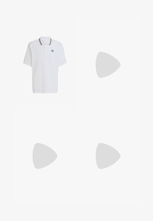 Valkoinen polo-paita, joka on valmistettu puuvillasta. Paidassa on ribbireunus mustilla raidoilla ja pieni musta logo vasemmassa rinnassa. Lyhyet hihat.; Mustat farkut suoran lahkeen leikkauksella, joissa on etutaskut, napitus ja vähäiset ompelu yksityiskohdat.; Vaaleansininen juoksukenkä mustalla logolla, paksulla valkoisella pohjalla ja mustalla sisävuorella, nähtynä sivusta valkoista taustaa vasten.; Aurinkolasit, joissa on läpinäkyvä harmaa kehys, sävyrikkaita linssejä ja kulmikas muotoilu. Ominaisuuksiin kuuluu erityinen nenäosa ja teksturoitu tummanharmaa temppeleiden varsi.