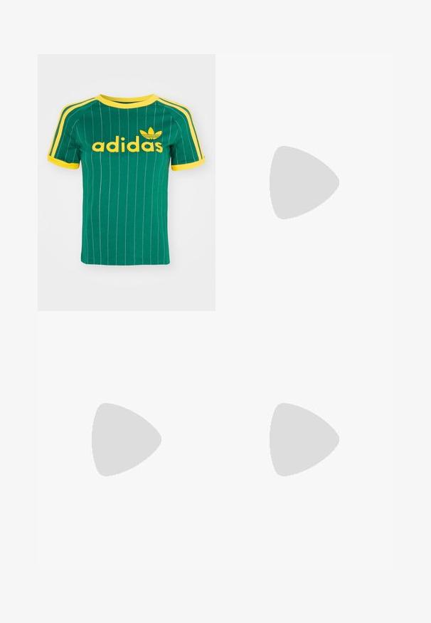 T-shirt en coton vert avec des rayures blanches verticales, des accents jaunes et le logo "adidas" en police jaune. Design à manches courtes et col rond.; Jean large en denim gris foncé. Dispose de cinq poches, d'une fermeture à bouton et d'un léger effet dégradé sur le tissu. Accent de coutures classiques.; Baskets en suède rose avec des accents blancs, design à lacets, semelle en gomme texturée et logo d'étoile sur le côté. Profil bas et léger.; Lunettes de soleil rectangulaires violettes avec une monture translucide, verres gris et un logo discret sur la branche ; texture lisse, quincaillerie minimale.