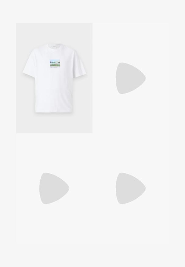 Hvid bomulds t-shirt med et farverigt landskabsgrafik på forsiden, firkantet design, korte ærmer og rund hals.; Beige lige ben chinos med bæltestropper, frontknap og lynlås lukning samt skrå frontlommer.; Beige ruskind slip-on sko med rund tå og dekorativ syning, udstyret med teksturerede gummisåler med små gyldne accenter.; Beige crossbody taske med en glat mat tekstur, rektangulær form, justerbar sort rem og en frontlomme med lynlås. Mærket med "PIER ONE."