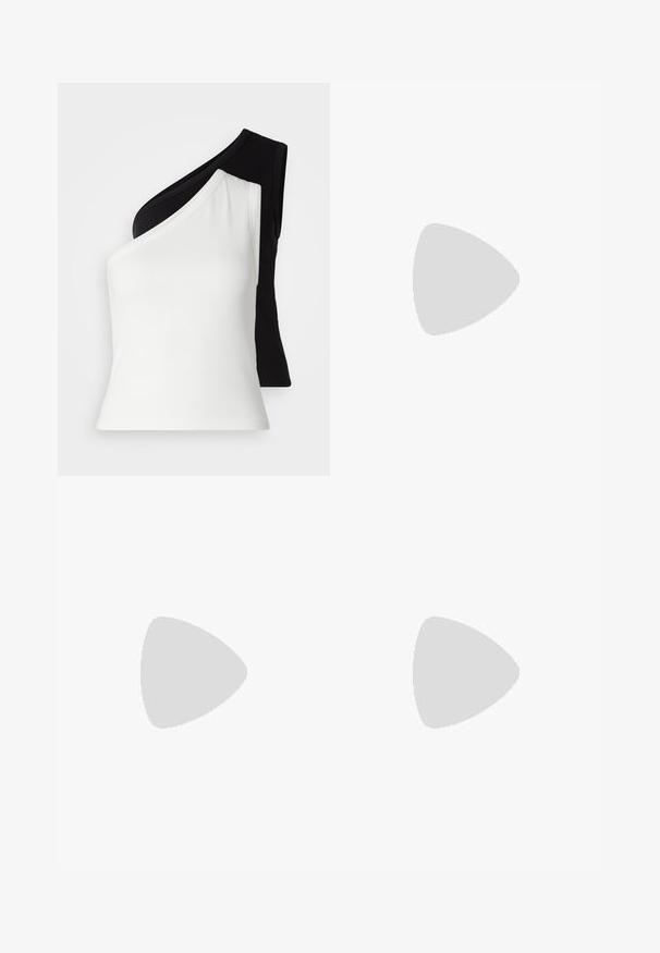 Asymmetrical sleeveless top featuring a white ribbed section on one side and a black ribbed section on the other. Smooth texture and fitted design.; Black flared pants made of stretch fabric. Features a high waistband, smooth texture, and vertical seam detailing along the front.; Black patent leather slingback heels with a pointed toe and a geometric block heel. Features a sleek, minimal design and smooth texture.; Set of 16 silver bangles with various textures, including smooth, twisted, and beaded patterns, arranged in four rows on a white background.