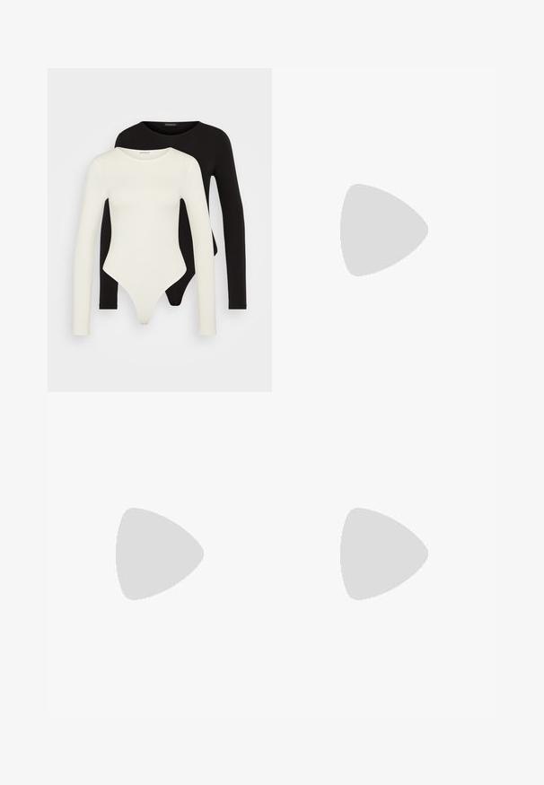 Dos bodysuits de manga larga en negro y blanco roto. Hechos de una tela suave, con escote redondo y una silueta ajustada.; Falda midi de lentejuelas negras con silueta ajustada. Forro suave, ligero vuelo en el dobladillo y textura superficial brillante.; Zapatos de charol negro tipo slingback con puntera cuadrada, que cuentan con dobles correas ajustables en el tobillo y tacones en bloque. Acabado suave y brillante.; Bolso tipo hobo de cuero negro con una textura suave, forma curvada y una sola correa ajustable; presenta una amplia apertura en la parte superior.