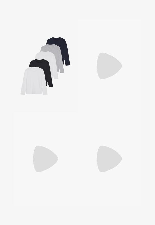 Five long-sleeve shirts in white, black, dark navy, grey, and light grey. Made of soft fabric, featuring crew necklines and ribbed cuffs.; Camo shorts in cotton blend with green, brown, and tan patterns. Features an elastic waistband with drawstring. Casual fit and knee-length design.; White leather sneakers with perforations, round toe, flat sole, and thick laces, featuring a visible swoosh logo and "AIR" on the heel.; Black fabric sling backpack with a smooth texture, featuring a curved design, zippered compartment, and a white logo on the front.
