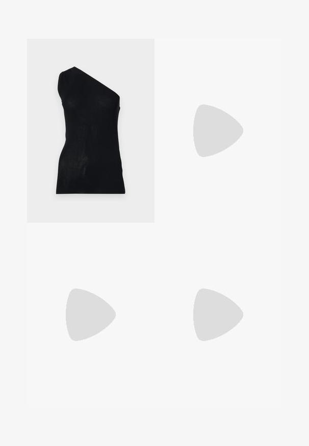 Black ribbed knit top with an asymmetric one-shoulder design, featuring a fitted silhouette and a smooth texture. No additional patterns or accents.; White cotton trousers with a relaxed fit, featuring a button closure, side pockets, and subtle stitching details along the seams.; Black mesh mule with pointed toe, thin straps, and 3-inch stiletto heel. Features sheer texture and a solid tonal sole.; Navy blue fabric handbag with a textured design, silver hardware, and a detachable chain strap. Features a flap closure and logo accent.