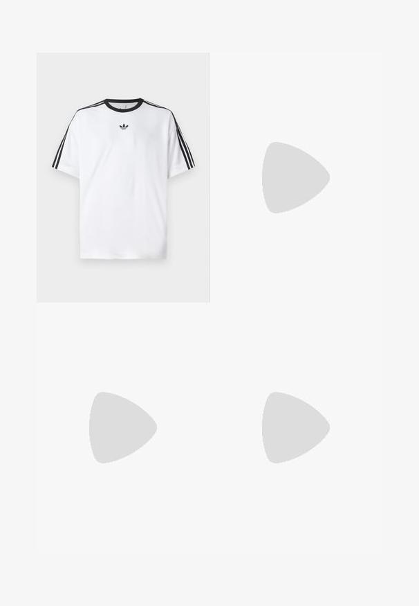 White T-shirt made of cotton, featuring a black round neckline and three black stripes on each shoulder. Small black logo on the chest.; Black athletic shorts with a repeating diamond pattern, elastic waistband, and drawstring. Features a white stripe and a small logo on the hem.; White sneaker with black Adidas stripes, suede accents, lace-up closure, and a rubber sole. Features a textured toe cap and branding on heel.; Black rectangular sunglasses with dark lenses, featuring a distinctive shape and branding on the temple. Worn by a person in a green shirt.