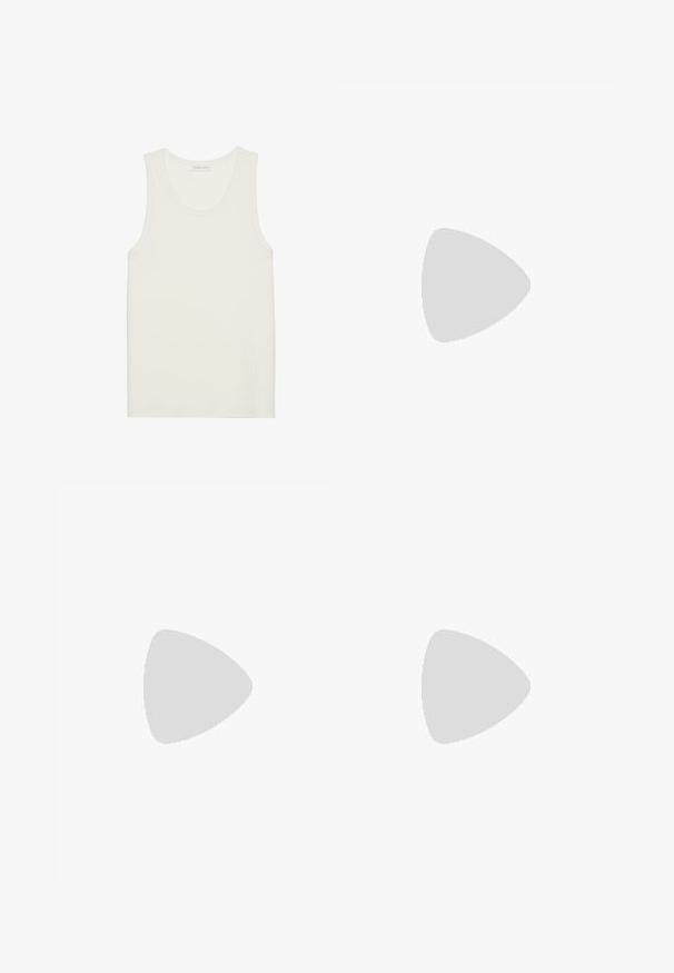 Ribbed white tank top with a round neckline and wide shoulder straps, made from a soft, textured fabric, featuring a straight hem.; Red soccer shorts with three white stripes on the sides, paired with red socks featuring white stripes and black cleats with gold accents.; Brown suede clog with a round toe, adjustable strap, and a cork footbed. The outsole is dark with a textured design for grip.; Tortoiseshell sunglasses with dark gray lenses, square shape, gold metal accents, and slender temples featuring distinctive striped detailing.