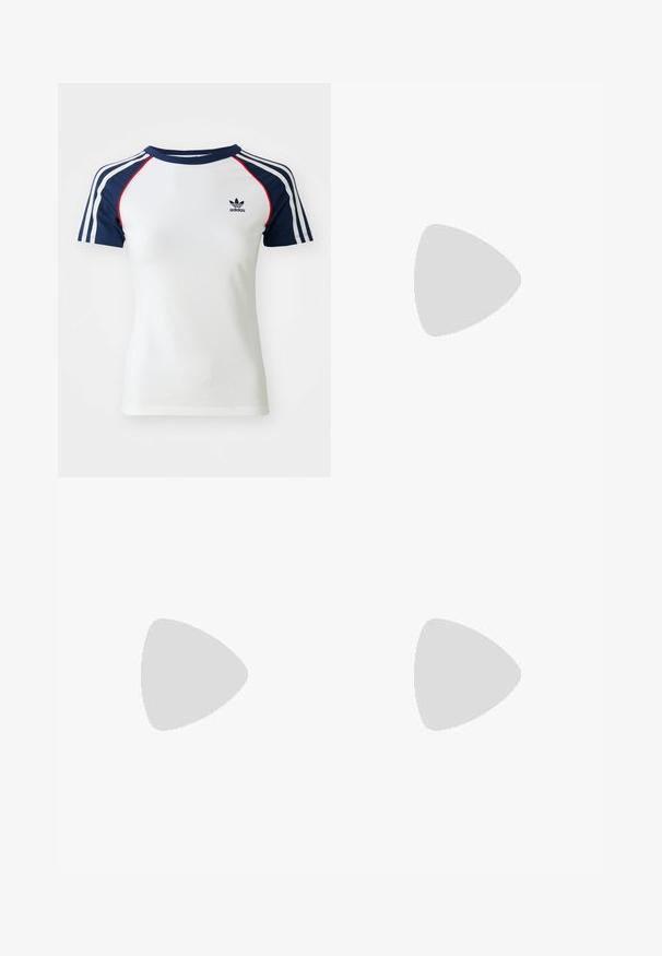 Biely bavlnený tričko s námorníckymi modrými rukávmi raglanového strihu, s tromi bielymi pruhmi a malým čiernym logom Adidas na hrudníku. Červené akcenty.; Námornícke modré šortky s bielymi vertikálnymi pruhmi, elastický pás, bočné vrecká a malé biele logo na ľavej strane. Hladká textúra látky.; Biele športové topánky so žltými pruhmi a gumovou podrážkou, vyrobené z sieťoviny a syntetickej kože. Nosia sa s bielymi ponožkami po členky na modrom povrchu.; Pilotné slnečné okuliare s prechodovým modrým sklom, strieborným kovovým rámom a ozdobnými hviezdičkovými akcentmi na sklách. Hladký a elegantný dizajn.