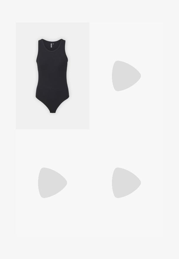 Black ribbed bodysuit featuring a round neckline and sleeveless design, with a fitted shape and high-cut leg opening.; Blue and white wide-leg pants with elastic waistband and intricate floral damask pattern, featuring decorative border near the hem.; Gray pinstriped wide-leg trousers with a smooth texture, paired with black leather flats featuring a rounded toe.; Calvin Klein PAPER BAG CROSSBODY  - Cross body bag - antique white