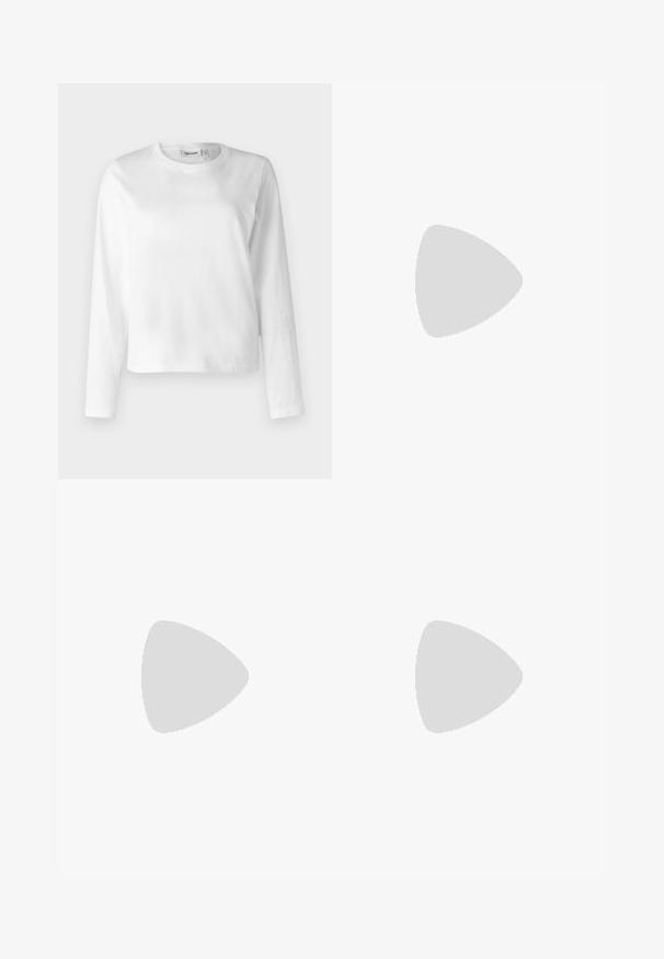 White long-sleeve t-shirt made of cotton, featuring a round neck and a relaxed fit. The design is simple with no visible patterns or accents.; Burgundy elastic waist pants with adjustable drawstring, tapered legs, and smooth, soft fabric texture. Features front pleats for tailored look.; White sneaker with red suede stripes, blue suede heel accent, and a textured brown rubber sole. Features lace-up closure and logo.; Black, angular sunglasses with gray lenses; made of plastic, featuring thick arms with a smooth surface and no visible hardware.; Gold hoop earrings with a smooth, shiny finish. Circular design featuring a small post and clear backing for secure wear.