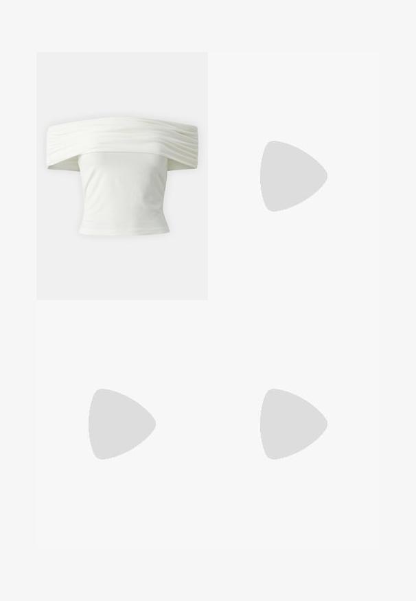 Off-the-shoulder white top with pleated, structured neckline and fitted bodice. Made from soft fabric with a smooth texture.; Straight-leg beige trousers with belt loops, front button closure, and zip fly against a plain white background.; Black leather pointy-toe pump with an ankle strap and a chunky heel. Flat texture, sleek design, and minimalistic aesthetics.; Black leather handbag with a curved shape, detachable strap, and gold hardware. The bag features a flap with a buckle detail.