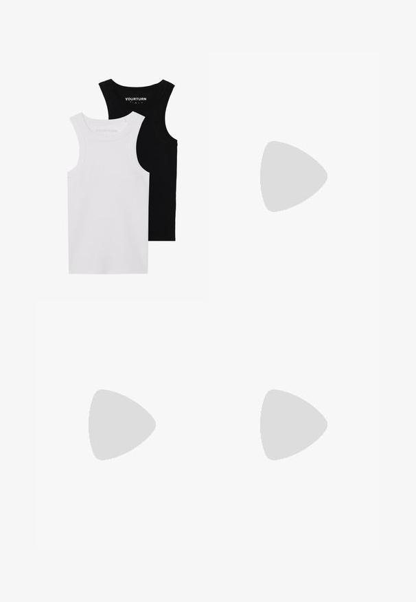 Dva prilegača topa v črni in beli barvi. Narejena iz rebrastega bombaža, imata široke naramnice in zaobljene izreze. Oznaka na ovratniku.; Tkane hlače v rjavi barvi z zapletenim belim cvetličnim diamantom, ravnega kroja in visokim pasom.; Črne Adidas superge z belimi črtami, zlatim napisom "Spezial", gumo podplatom in belim petnim delom, prikazane v stranskem pogledu.; Burgundska usnjena hobo torba s ukrivljenim ročajem in mehko, teksturirano telo. Ima zadrgo in minimalne šive.