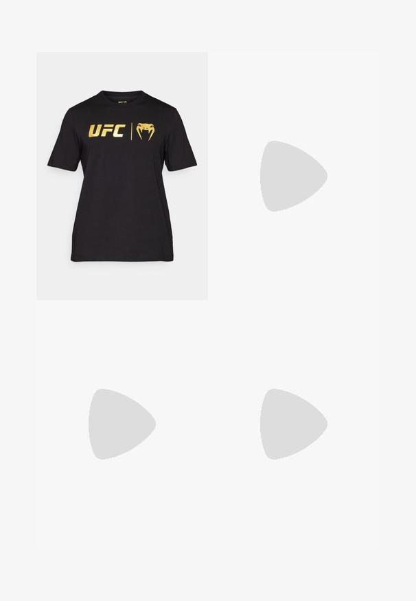 Tricou scurt cu mânecă neagră, din bumbac, cu logo-ul UFC aurit și grafică cu șarpe pe față. Gât rotund și croială standard.; Shorts cu un model negru și gri, cu talie elastică, având un logo și textul "VENUM" dintr-un material îndrăzneț și strălucitor.; Pantofă sport de tip high-top cu un exterior din plasă neagră și accente bej. Talpă din cauciuc texturat și detaliu logo pe lateral.; Mănuși de box negre cu un finisaj mat și design ergonomic. Detalii cu logo portocaliu și curele pentru încheietură cu model de camuflaj.