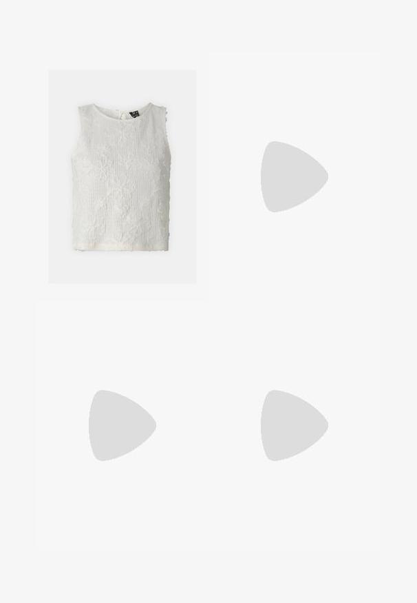 White sleeveless top featuring textured fabric with embroidered floral patterns, a rounded neckline, and button closure at the back.; Black wide-leg trousers with a smooth texture, elastic waistband, and two front pockets. No visible patterns or hardware details.; Black leather midi skirt with a smooth texture; features a waistband and side pockets. Paired with glossy black heeled shoes.; Black sunglasses with a cat-eye design, featuring dark lenses and a matte finish. The brand name "ZIGN" is displayed on one arm.