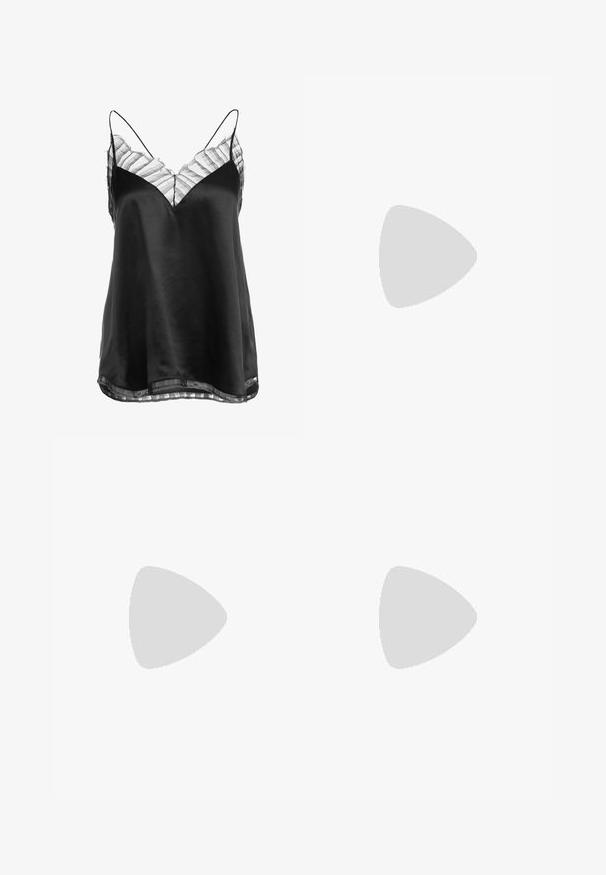 Camisole nera in satin con scollatura a V e delicata bordatura in pizzo a righe trasparente lungo il collo e l'orlo, con sottili spalline regolabili.; Jeans in denim azzurro chiaro con taglio dritto, design a cinque tasche e lieve sfilacciatura all'orlo, esposti con il retro rivolto verso l'alto.; Sneaker dorato e nero con una finitura liscia, dotato di tre strisce nere, chiusura a strappo, suola in gomma e colletto imbottito.; Borsa a spalla in suede marrone con due manici morbidi, una tracolla verticale con un accento in argento e una parte superiore larga e aperta. Texture liscia, design minimalista.