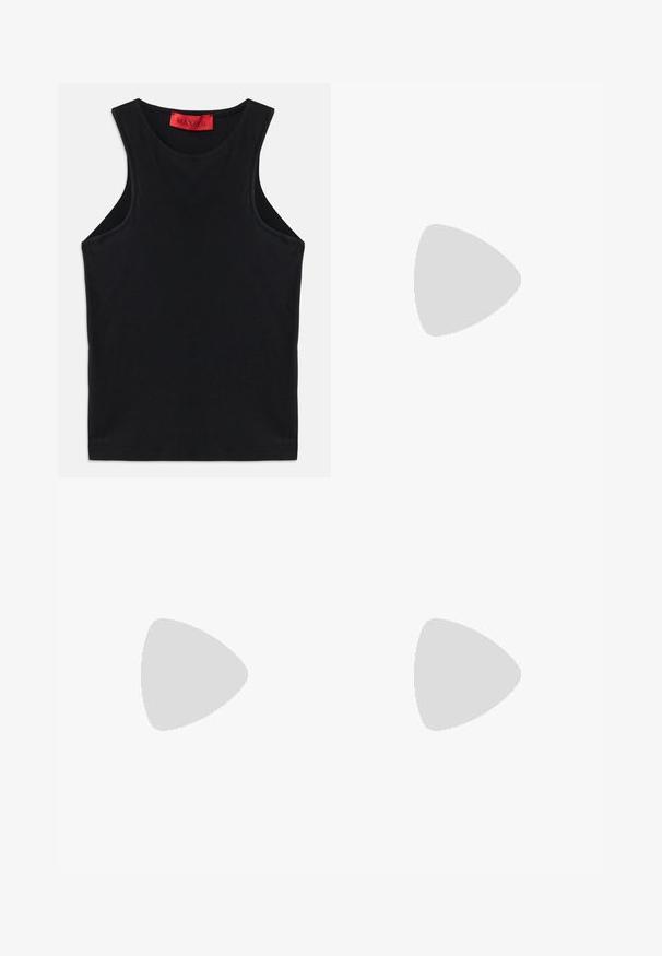 Black sleeveless top made from soft cotton. Features a round neckline and standard hem. Simple design, no visible patterns or accents.; Blue and pink striped shorts with a stretchy waistband, lightweight fabric, and pleats for added volume. Classic straight-cut shape.; Black slide sandals with a smooth leather finish, featuring crisscross straps and cut-out details, and a flat, flexible sole.; Black leather handbag with a curved design, featuring a central buckle detail and a short, smooth handle. Textured accents enhance its appearance.